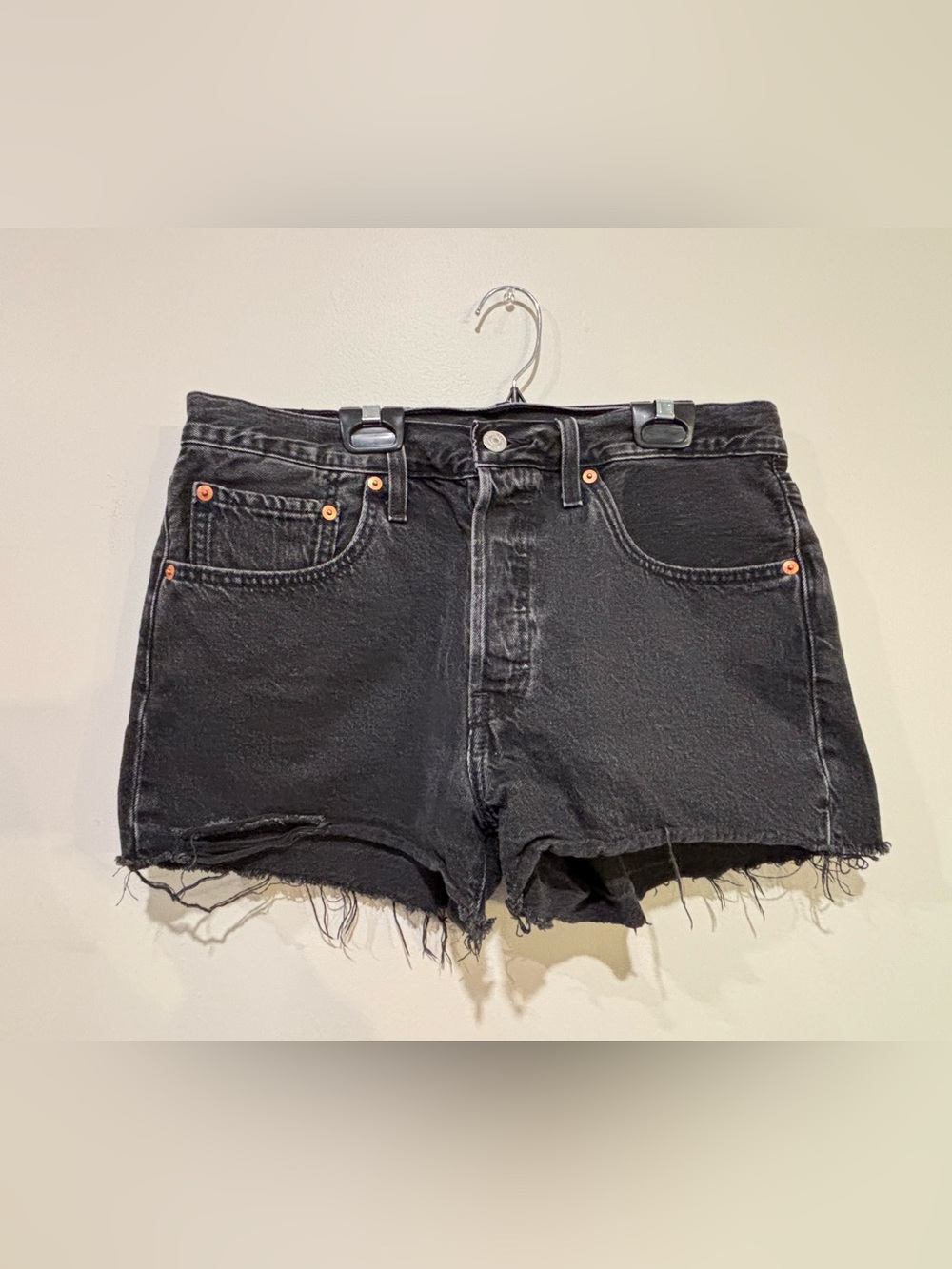 Levi's 501 Black Distressed Raw-Hem Denim Cutoff Shorts